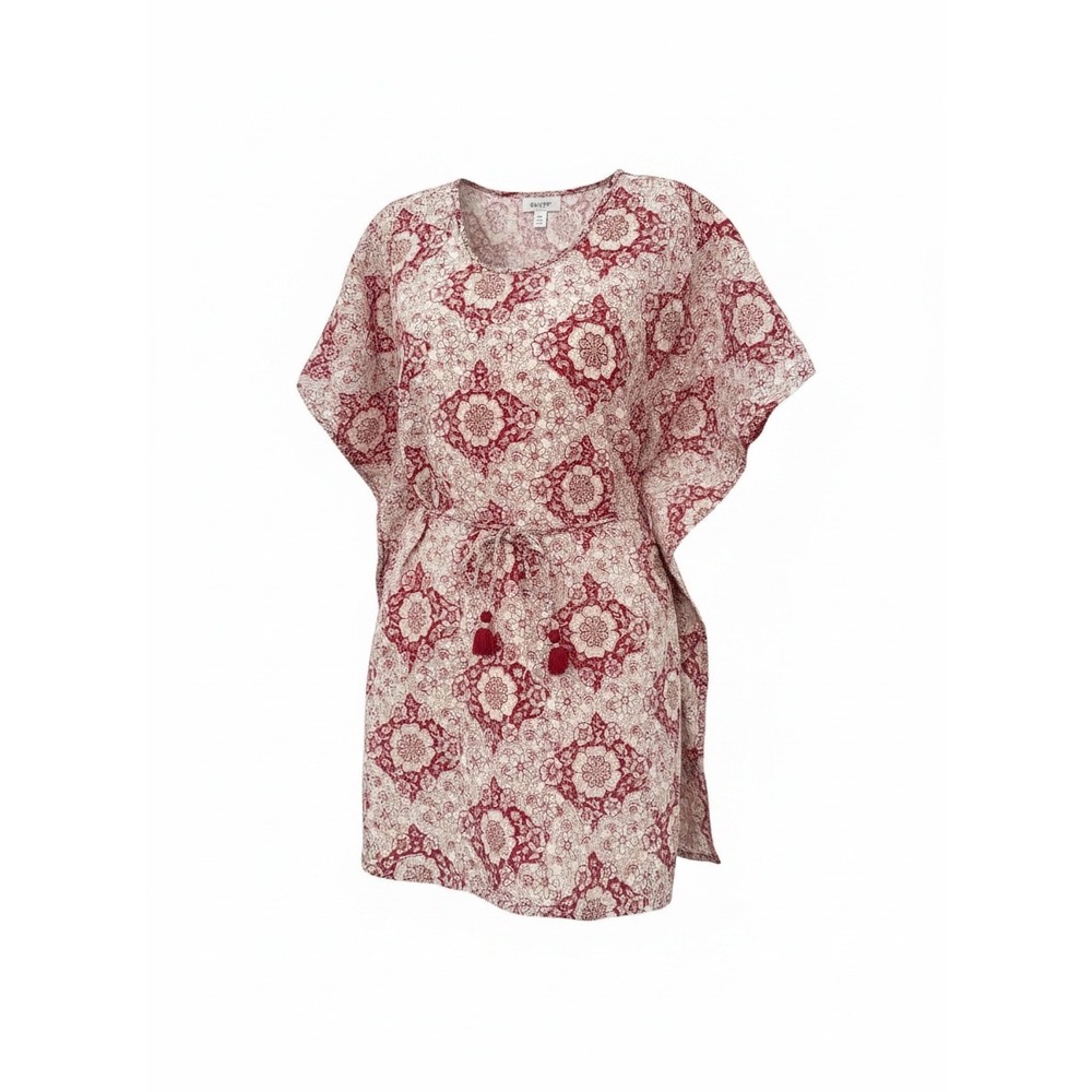 Anokhi Red Floral Block Print Cotton Kaftan Tunic Top Tassel Waist Free Size